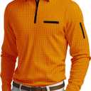 Men's Long Sleeve Polo Shirts Quarter Zip Up Pullover Slim Fit Casual Stylish Golf Shirt for Men Lightweight Tops with Pocket (Large, Orange)