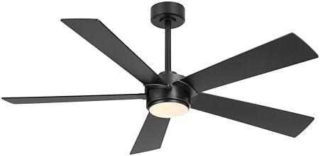 ELEHINSER 54" Ceiling Fan with Light and Remote Control, Modern Dimmable LED Light, 6-Speed Noiseless Reversible DC Motor, 5 Plywood Ceiling Fan for Kitchen Bedroom Living Room Black