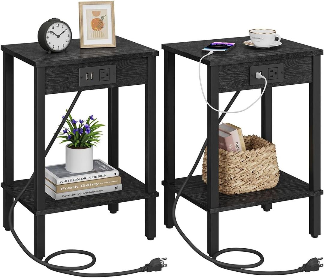 Set of 2 End Table with Charging Station, Narrow Side Table with USB Ports and Outlets, Nightstands with 2-Tier Storage Shelves, Sofa Table for Small Space Living Room Bedroom (Black)