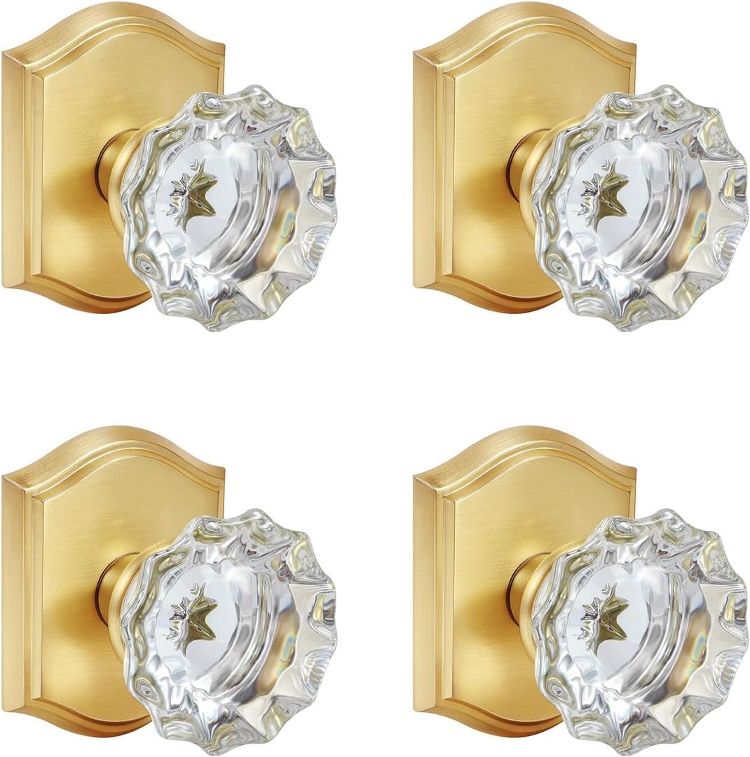 4 Pack Crystal Glass Dummy Door Knob, Single Side Dummy Door Knob Set for Interior Doors, Satin Brass