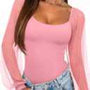 REORIA Women's 2025 Fall Casual Mesh Long Sleeve Square Neck Tops Trendy Cute Dressy Slim Fit Going Out T-Shirts (Pink, L)