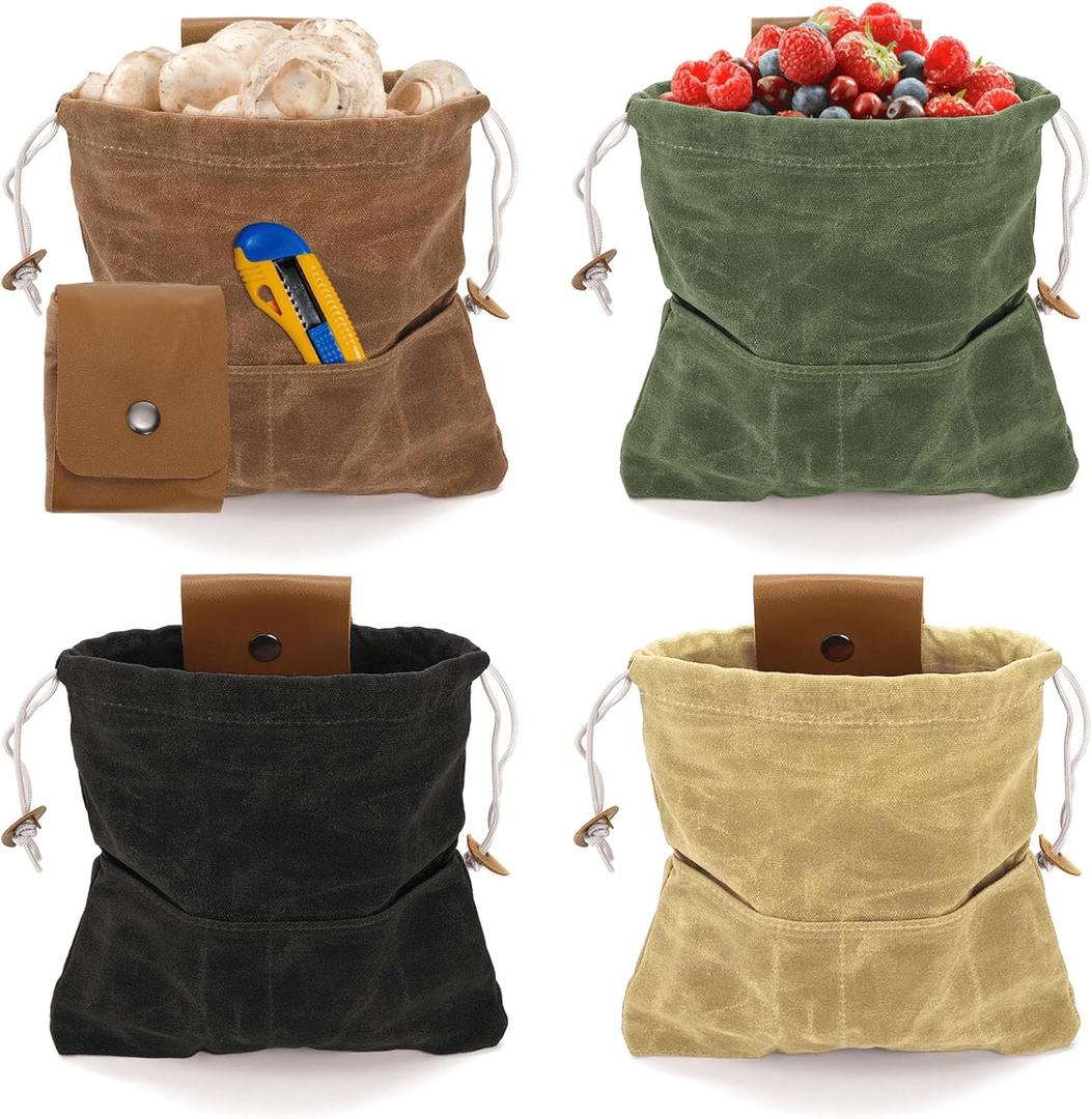 Youeon 4 Pcs Waxed Canvas Foraging Bag Set, Collapsible Mushroom Hunting & Camping Pouches with 2 Small Pockets, Multi-Use Leather Belt Bag for Outdoor Hiking, Tool Storage, 4 Colors