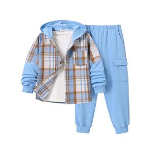 EDFTM Toddler Boy Clothes Flannel Plaid Hoodie Shirt and Casual Sweatpants Boys Fall Winter Spring Outfits Sky Blue 3-4 Years