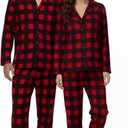 Christmas Couples Pajamas Matching Set Family Pajama Xmas Fleece Button Plaid Sleepwear with Sock and Christmas Hat (Small, Women)