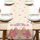 Croar Merry Christmas Tree Pink Dining Table Runner, Xmas Pine Trees Gold Snowflake Burlap Kitchen Decoration, Winter Holiday Indoor Outdoor Home Decor Party Supply 13 x 72 Inches, Pack Of 2