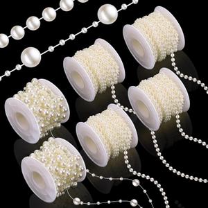 Bonuci 6 Rolls 132 Feet Pearls Garland for Valentine Faux Pearl Beads Strand for Wedding Decor, Include 4 Rolls of 4 mm, 2 Roll 3 to 8 mm Mixed Artificial Pearls Chain Trim for Wedding (Beige)
