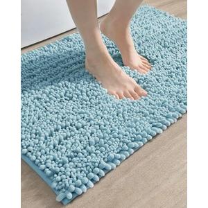 DEXI Bathroom Rug 16x24, Super Soft Thick Chenille Absorbent Bath Mat, Non Slip Machine Washable Fluffy Shag Bathmat for Tub, Shower Floor, Light Blue