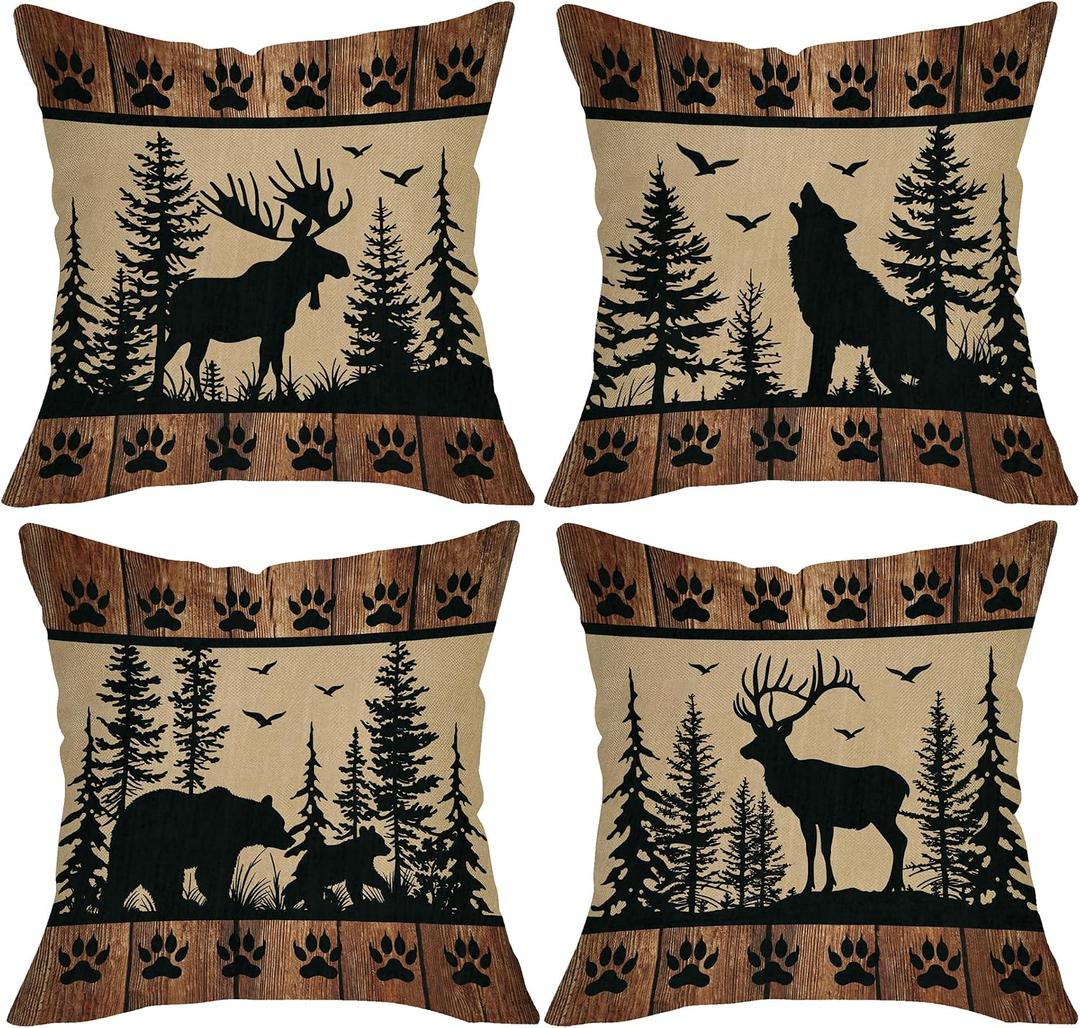 Wildlife Cabin Decorative Throw Pillow Covers 16 x 16 Set of 4, Vintage Forest Animals Reindeer Wolf Bear Porch Outdoor Home Decor, Retro Farmhouse Woodland Pine Tree Sofa Couch Cushion Case