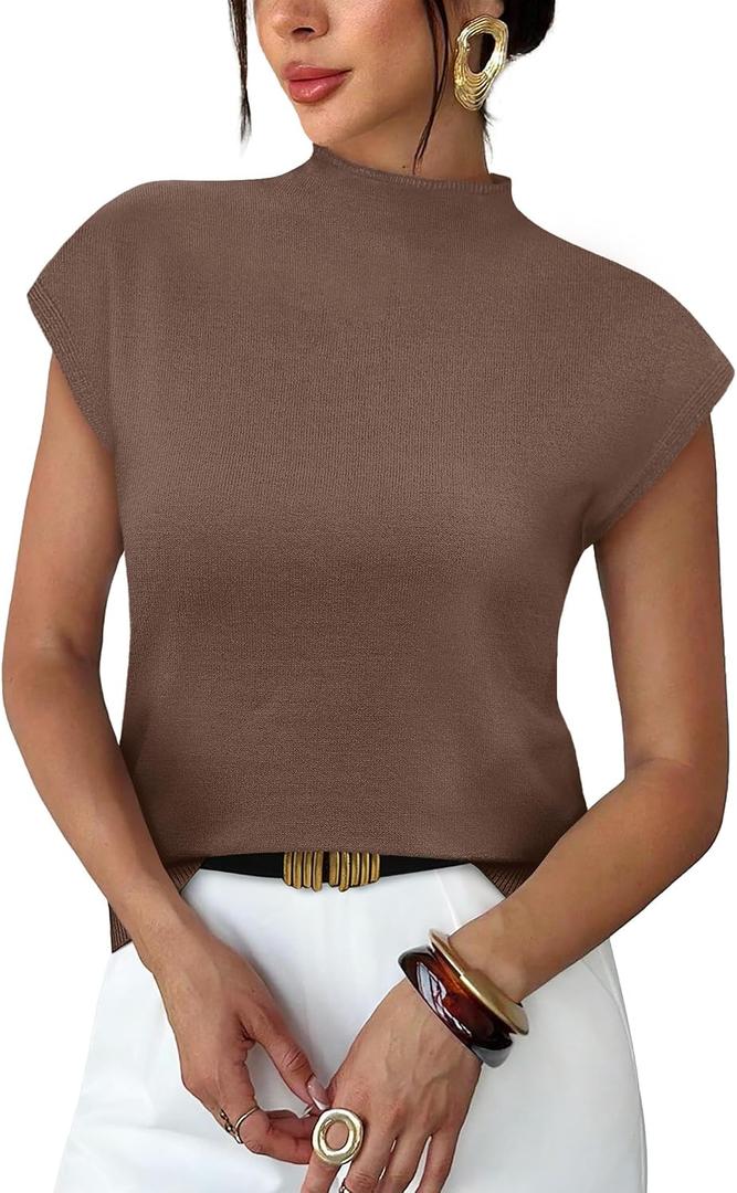 Sampeel Womens Short Sleeve Sweater Mock Neck Summer Top Dressy Casual Basic Knit Pullover Shirt (Brown, S)