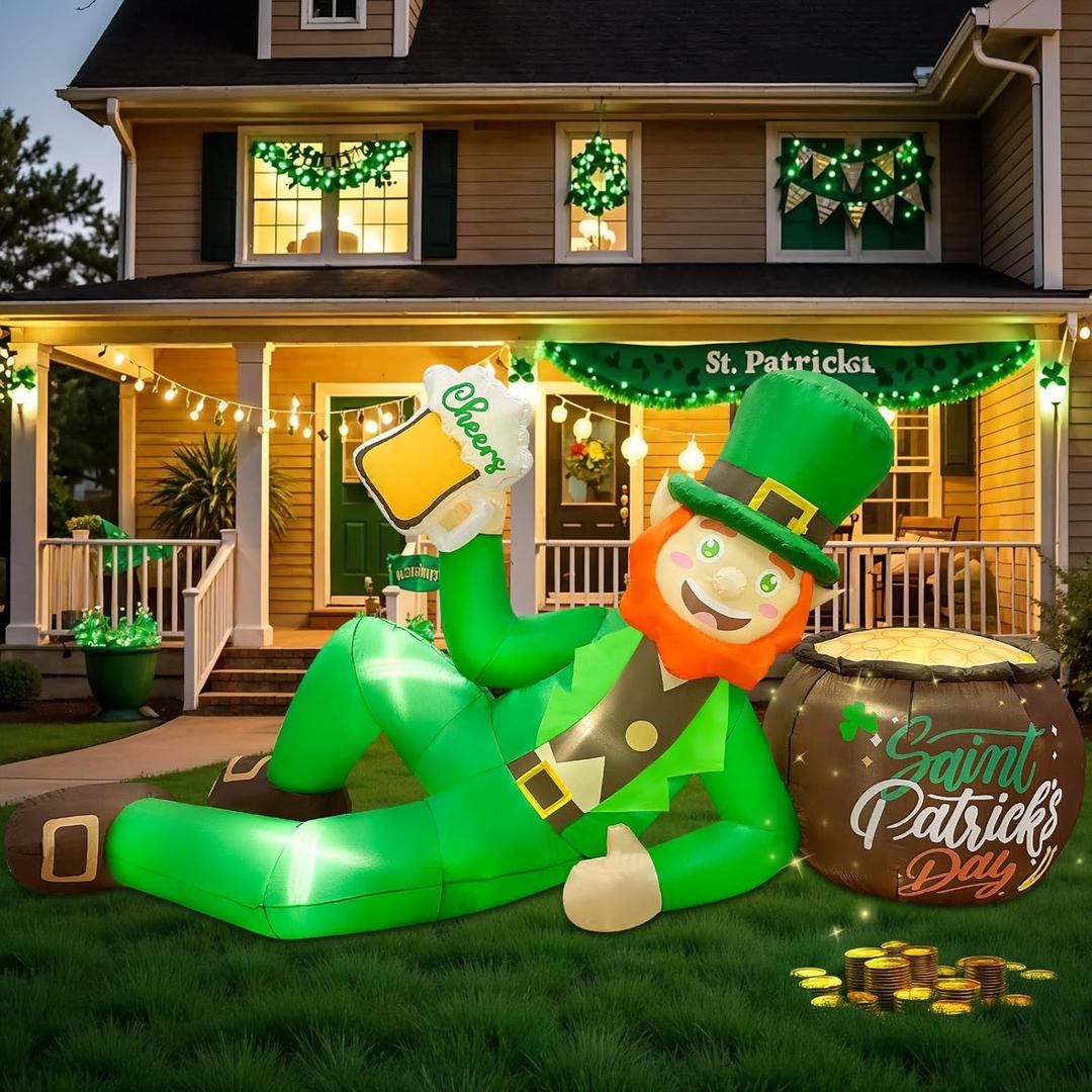 OurWarm 9FT St. Patrick's Day Inflatables Outdoor Decorations, Inflatable Leprechaun Holding Beer Leaned On A Pot of Gold, St Patricks Day Blow Up Inflatable for Yard Lawn Garden Holiday Party Decor