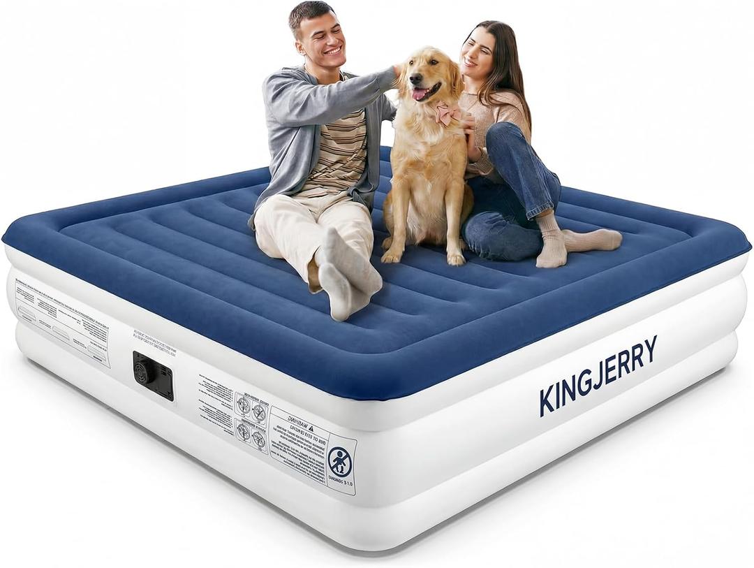 KINGJERRY Queen Air Mattress with Built in Pump, Blow Up Mattress Queen 18 Raised Comfort, Upgrade Surface Inflatable Mattress, Leakproof Air Bed for Home Guests&Camping, 800 lbs Max, 3-Min Inflation