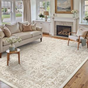 Light Brown Area Rug 6x9 Machine Washable Vintage Living Room Distressed Non Slip Carpet Traditional Indoor Bedroom Retro Floral Accent Throw Large Rug for Office Kitchen Dining Room