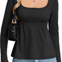 EasyGala Womens Babydoll Long Sleeve Peplum Tops Sexy Y2k Square Neck Henley Shirts Cute Going Out Top Winter 2026 (Black, L)