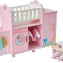 Olivia's Little World Amanda 6-in-1 Wooden Doll Nursery Station with Rocking Cradle, High Chair, Storage, Washing Machine and Sink - for 3 yrs and up, Pretend Play House, Daycare - Pink/Multi