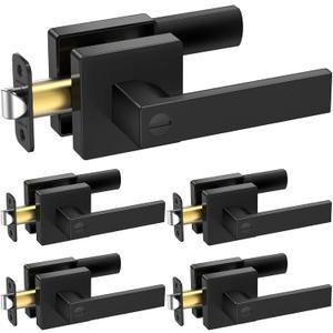 TICONN 5PK Matte Black Door Handles Interior, Reversible Square Door Levers Knob for Hallway, Bedroom, Bathroom (with Lock, 5PK Privacy)