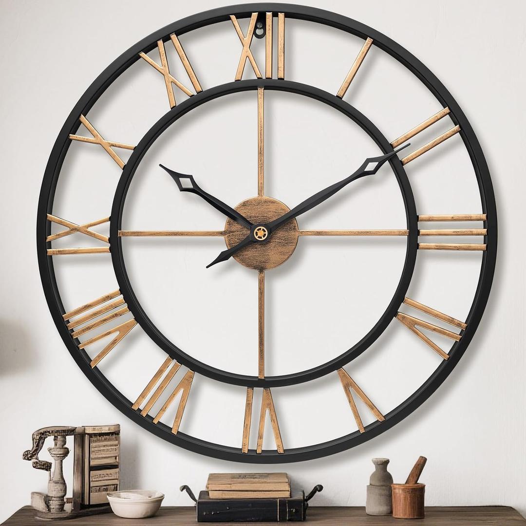 16 Inch Modern Decorative Metal Wall Clock with Big Black Roman Numerals Large Wall Clocks for Living Room Decor, Bedroom, Kitchen, Office,Housewarming Gift