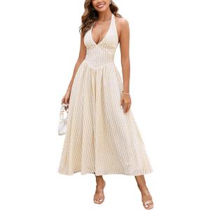 Parthea Women's Summer Midi Dress Smocked Gingham Halter V Neck Sundress Elegant Flowy A Line Beach Long Dresses (0-2, Yellow)