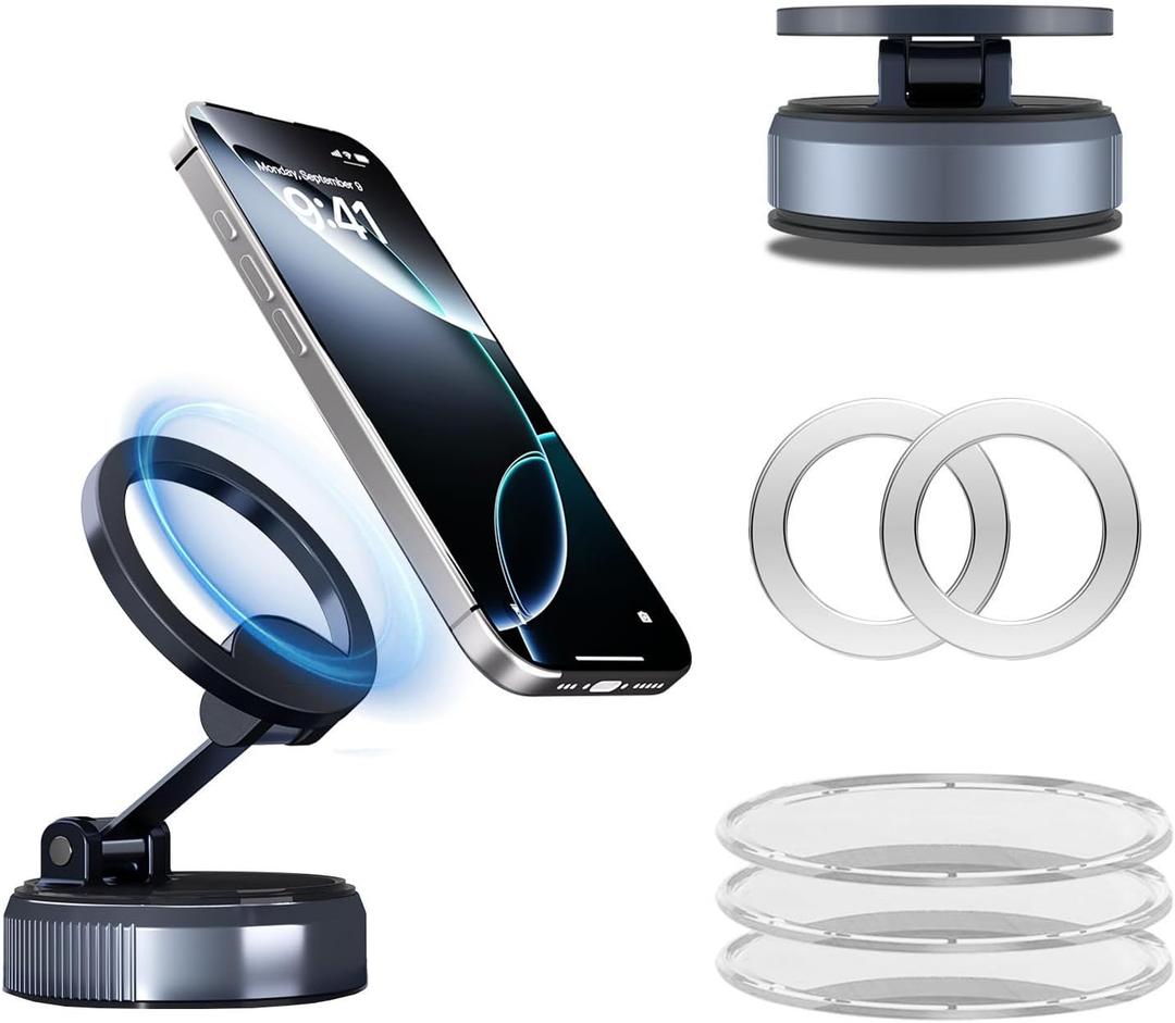 Car Phone Holder Suction Cup Phone Mount 360Adjustable Vacuum Foldable Magnetic Phone Holders for Your Car Truck Accessories Compatible with Magsafe iPhone 17 16 Pro Max 15 14 13 12 Plus for Android