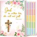2 x Xqumoi A5 Floral Cross Pink Religious Hardcover Spiral Notebook with Bible Tabs - Flowers Christian Bible Verse Ruled Hardbound Journal Book Labels Index Christmas Gift Sunday School Office Supplies