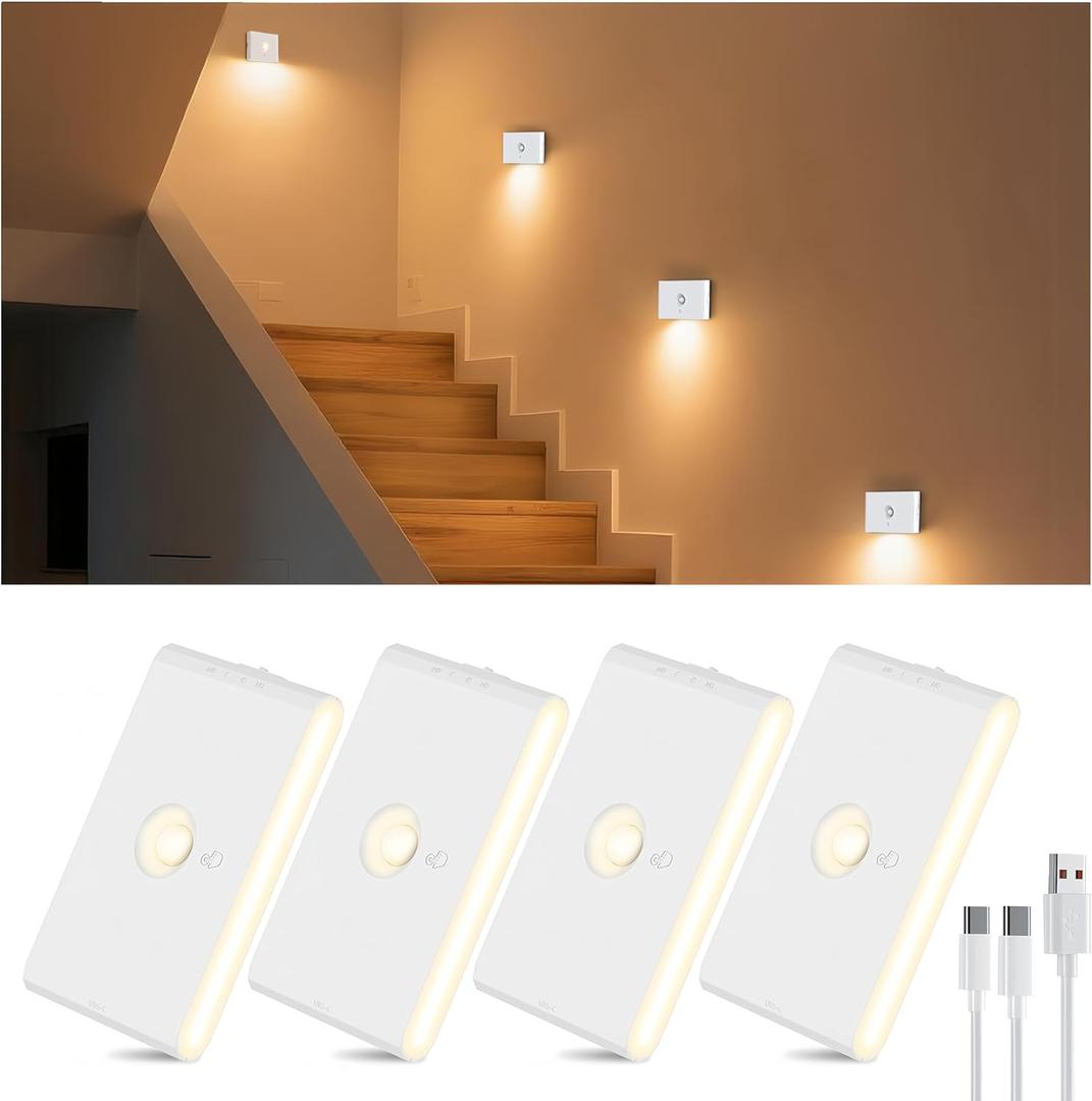 Rechargeable Stair Night Lights Indoor with Motion Sensors, Small Battery Powered Stairway Lights for Bathroom, Hallway, Underbed, Toilet, Magnetic Mount, 4 Pack (3.2INCH)