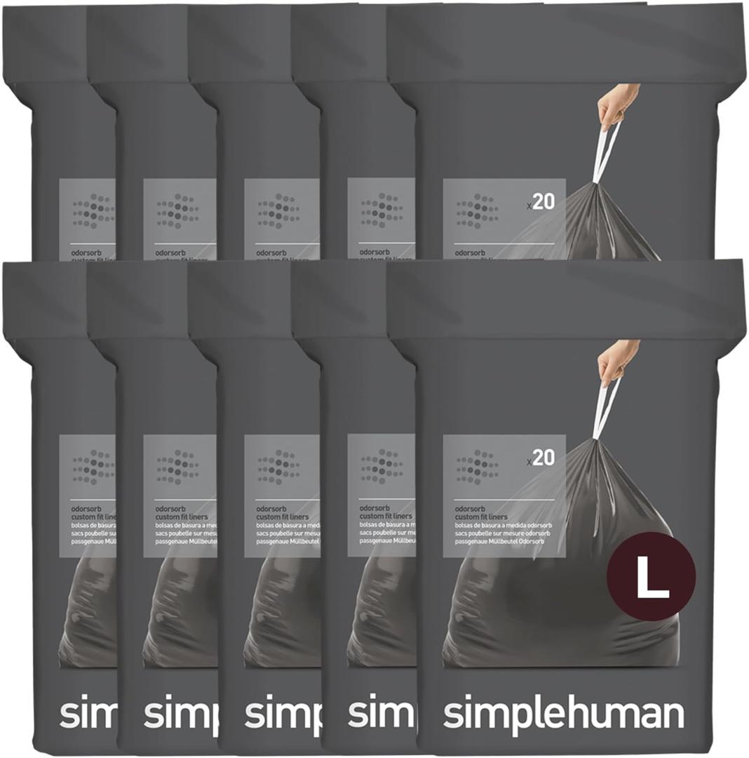 simplehuman Code L, 200 Count Odorsorb Custom Fit Liners, Drawstring Odor Absorbing Trash Bags, One-by-One Mess-Free Dispense, Extra Thick & Double Seamed, 50% PCR Plastic, 18 Liter / 4.7 Gallon