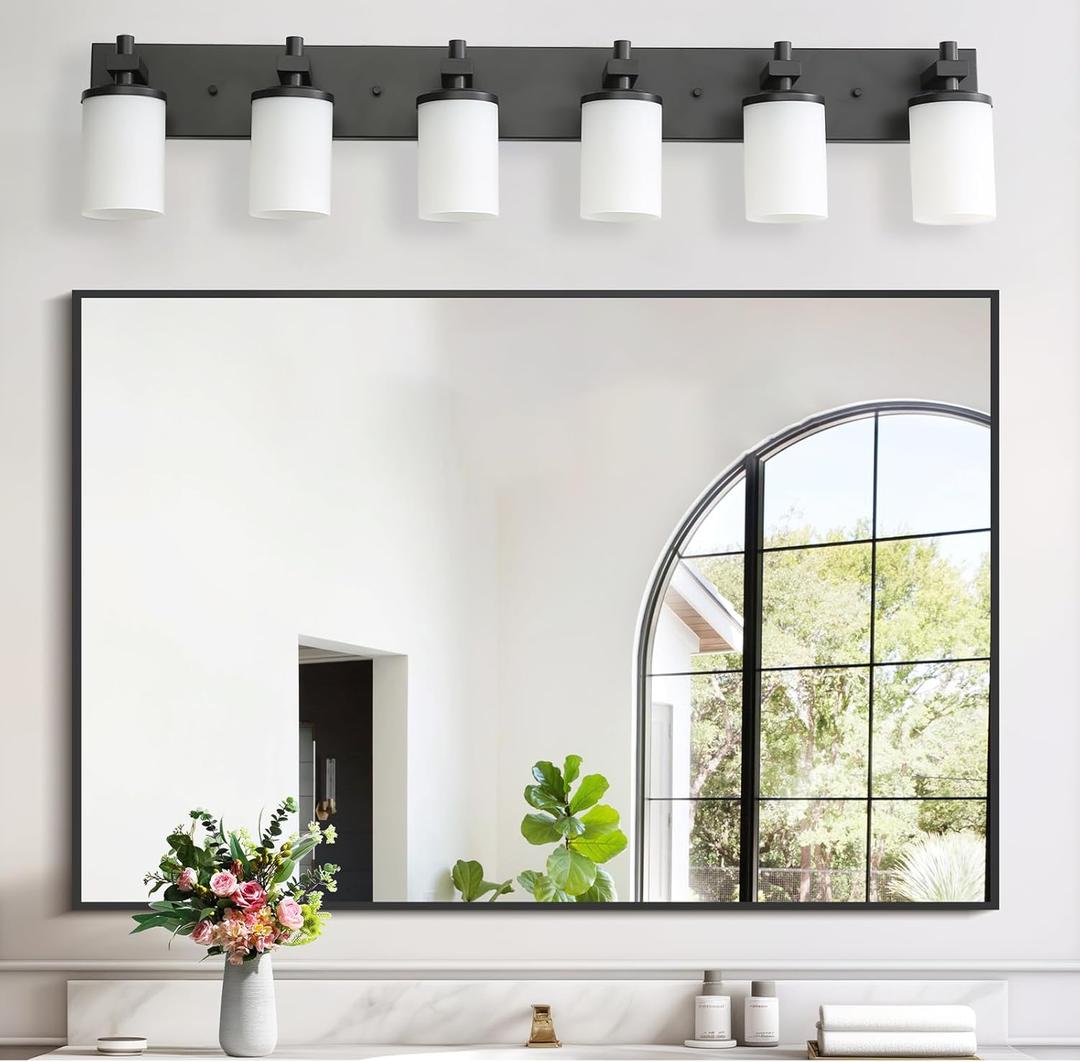 LOUSACE Bathroom Lighting Fixture Over Mirror, 6 Light Bathroom Vanity Lights Matte Black with Opal White Glass Shades, E26 Bulb Base, Wall Sconces Vanity Lighting Fixtures for Bathroom Living Room