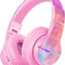 iClever BTH12 Kids Bluetooth Headphones,Colorful LED Lights,74/85dBA Safe Volume,85H Playtime,Fast Charging,Bluetooth 5.2,Over Ear Kids Headphones Wireles for iPad/Tablet/Airplane,Tie-dye Pink