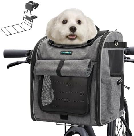 DAISTERN Foldable Front Bike Basket for Dogs, 4-in-1 Pet Carrier Backpack/Shoulder Bag/Car Seat with Heavy-Duty L-Shaped Mount Φ2.17 inch, Waterproof Cushion & Reflective Strips, Supports Up to 22lbs
