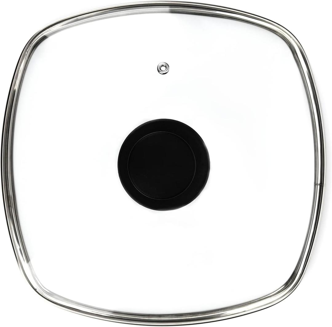 Square Glass Lid for Grill Pans with Steam Vent Hole - Fits Lodge Cast Iron Skillets 10.5inch(26.67cm) - Square Tempered Glass Lid - Universal Replacement Cover Bakelite Round Knob
