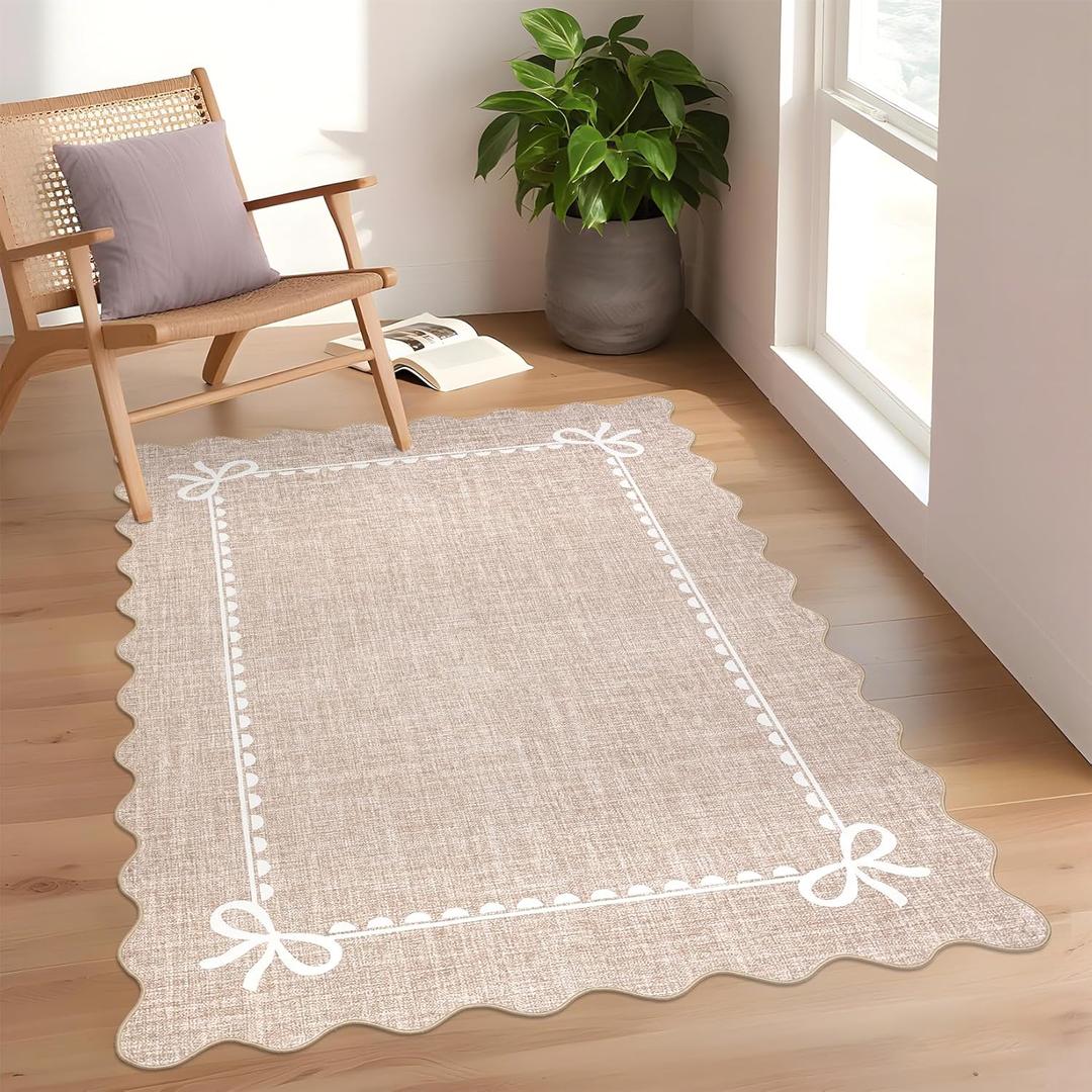 GarveeHome Scalloped Bow Rug for Living Room, Solid Camel Rug for Dorm, Washable Rugs 4x6 Soft Low Pile Non Slip Scalloped Rugs for Nursery Bedroom Decor Hallway Kids Room Playroom