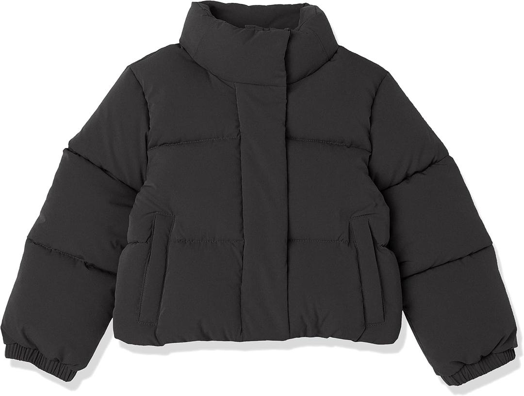 Amazon Essentials Girl's Cropped Full-Zip Puffer Jacket (Quilted Matte or Sherpa Fleece) (Large, Black)