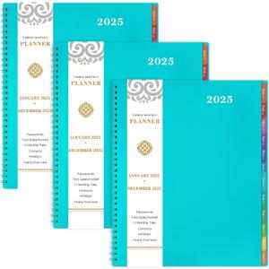Artfan 2025 Monthly Planner - 8.5" x 11", Tabs, Pocket, Label, Contacts & Passwords, Twin-Wire Binding, 3 Pack - Teal