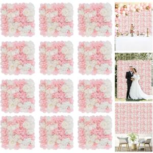 FOTSHARER Pink Flower Wall Backdrop 15''x15'' Floral Rose Wall Panels 12 Pack Artificial Flower Wall Wedding Flower Backdrop Wall 3D Flower Wall Panels for Backdrop Birthday Party Bridal Showers Decor