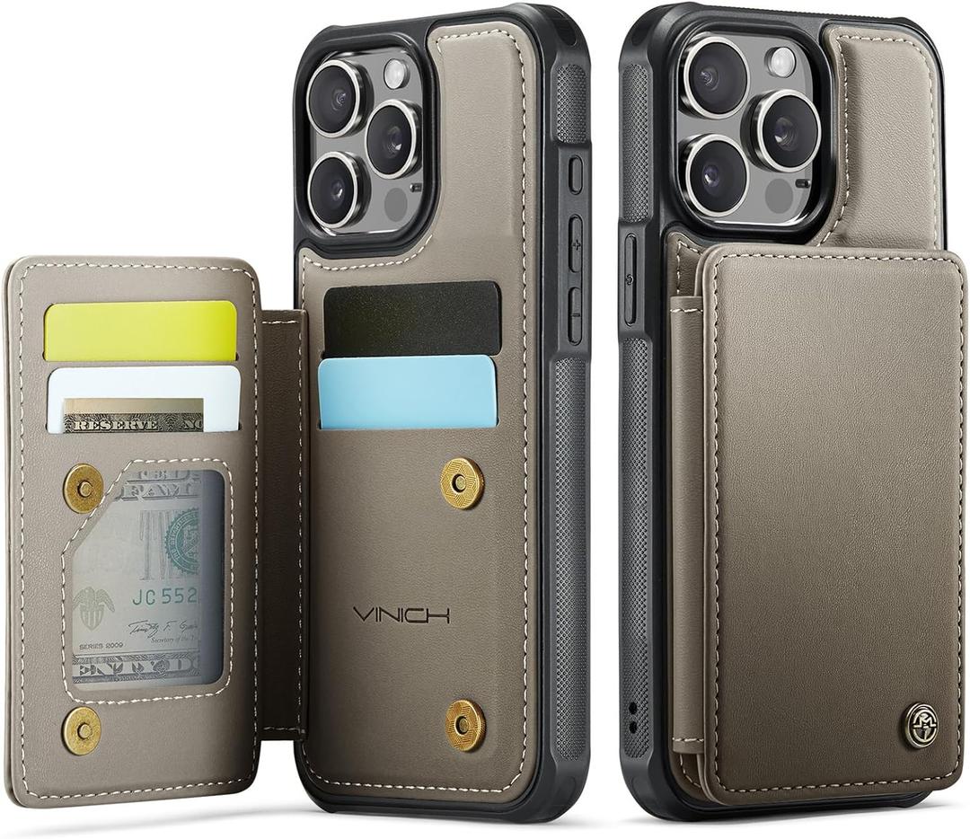Vinich for iPhone 15 Pro Max Wallet Case with Card Holder, RFID Blocking Credit Slots Kickstand Shockproof Phone Cover for Women Men, Gray