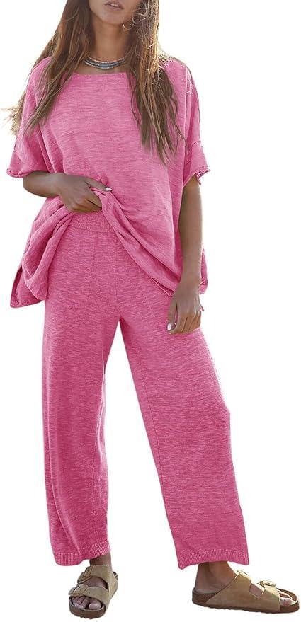 Women's 2 Piece Travel Outfits Casual Short Sleeve Knit Sweater Set Wide Leg Pants Lounge Sets Tracksuit Size S