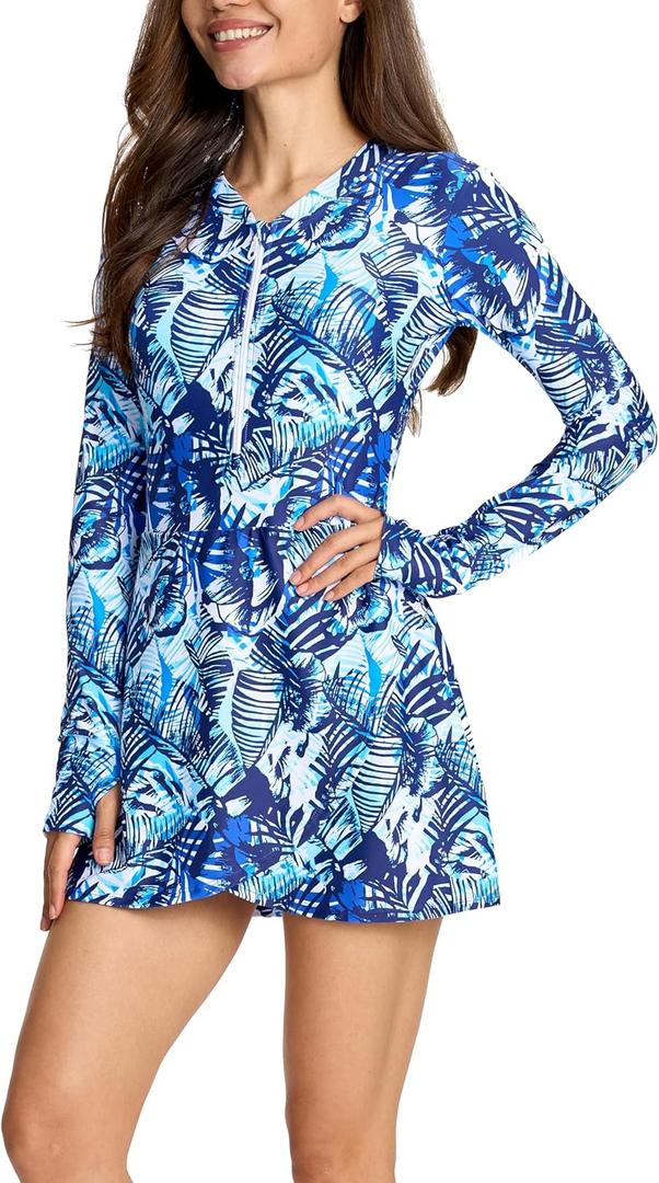 Long Sleeve Swimsuits for Women UPF 50+ Swim Dress Swimwear One Piece Bathing Suit with Skirts Rash Guard Over 50 Blue Leaf M