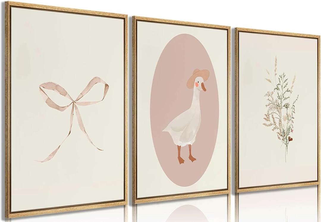3Pcs Girls Nursery Wall Art Vintage Goose Wall Decor Pictures Pink Bow Poster Prints Kids Room Painting Artwork for Girls Room Bedroom Living Room Home Decoration,12x16in