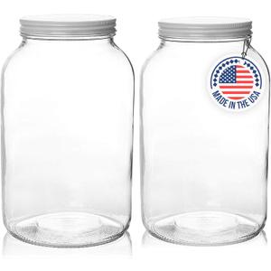kitchentoolz 1 Gallon Wide Mouth Glass Jar with Airtight Lid  Large Glass Jar for Fermenting, Pickling, Canning, Water Glassing Eggs, and Food Storage  BPA-Free, Made in USA (2-Pack) (White Lid)