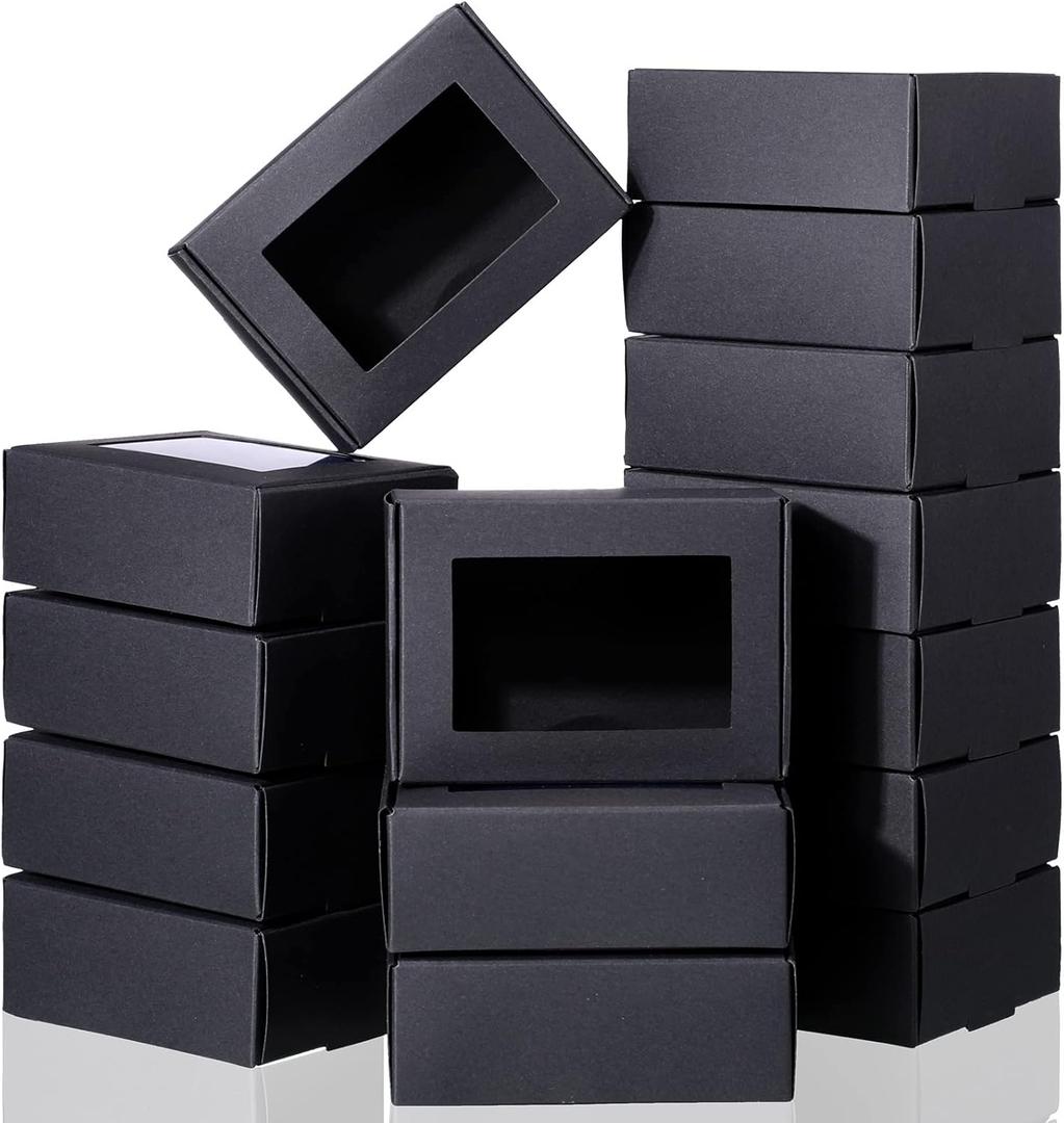 Zonon 60 Pcs Soap Boxes for Homemade Packaging Mini Kraft Treat Box with Window for Gift Present Bakery Candy Packaging(Black,3.7 x 2.6 x 1.4 Inch)