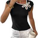 Milumia Women's Cut Out Floral Pattern Cap Sleeve Tee Shirt Contrast Binding Slim Fit Crop Tops, S