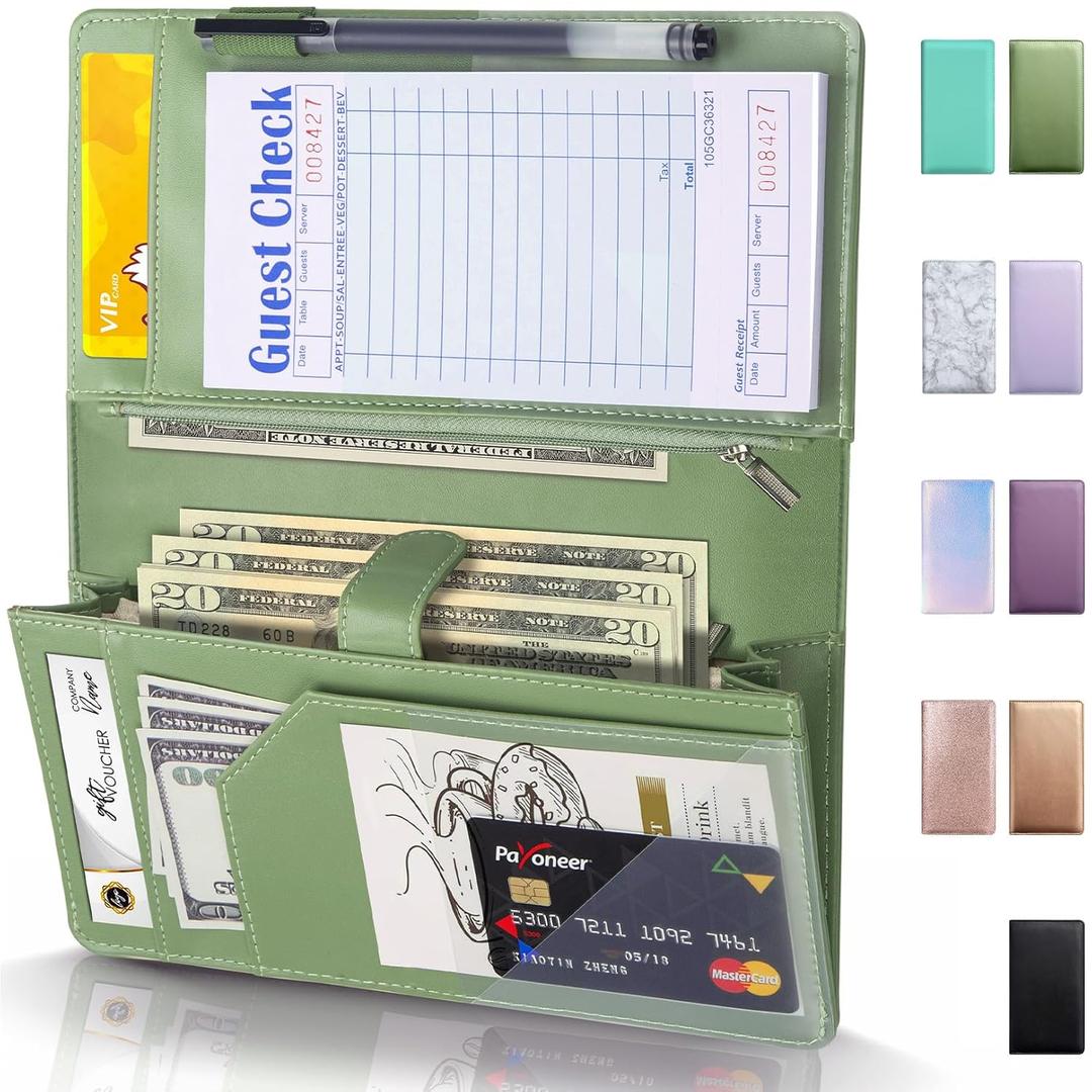 Server Book High Volume, Expandable Server Book,5"9", Waitress Waiter Book, Sturdy Leather Waitress Book with 2 Zipper Pockets and Magnetic Pocket, Server Books Server (Grass Green) (Extended Version)