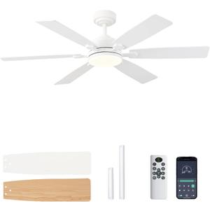 Ceiling Fans with Lights, 52 Inch Ceiling Fan with Light and Remote Control, Downrod Mount, Reversible, 3CCT, Dimmable, Noiseless, White Ceiling Fan for Bedroom, Livingroom Indoor/Outdoor Use