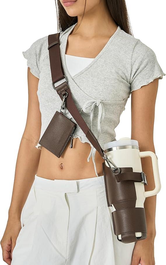 Serotonian Deep Oak Water Bottle Carrier Bag for Stanley 40oz & Simple Modern 40oz - PU Leather Water Bottle Holder with Adjustable Strap - includes Card Holder & Keyring for Stanley Cup Accessories