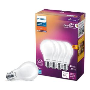PHILIPS LED 60W A19 4-Pack Ultra Definition Soft White LED Light Bulbs (2700K) 800 Lumen (8W = 60W) Dimmable Clear Flicker-Free Light Bulbs