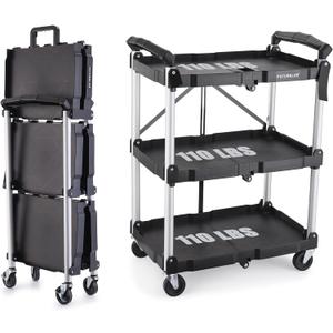 FUTURELAB Portable Folding Service Cart - 3 Tier 330LBS Capacity - Rolling Utility Foldable Cart with Wheels for Warehouse Home Workshops Garages Restaurants Offices (Black)