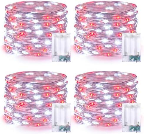 JMEXSUSS 4 Pack 50 LED Fairy Lights Battery Operated, 16.1ft Waterproof Red & White Twinkle Christmas Lights for Gifts Party Wedding Indoor Outdoor Decorations