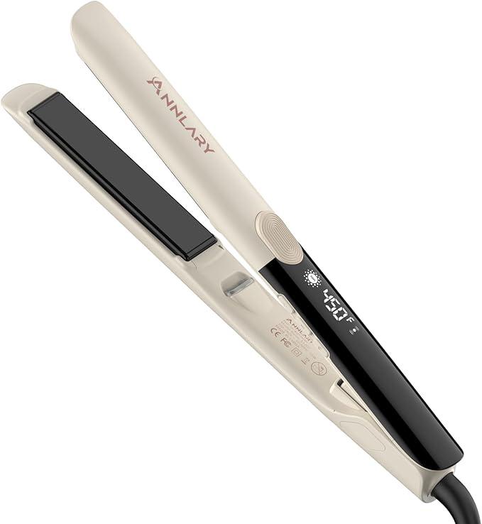Annlary Hair Straightener 1 Inch Flat Iron and Curler 2 in 1 Titanium Ceramic Ionic Dual Voltage Straightener with Heat-Resistant Silicone, for Less Frizz, Shinier & Smoother