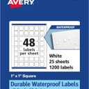 Avery Printable Durable White Square Labels, Sure Feed Technology, 1" x 1", Print-to-The-Edge, Waterproof Labels, Laser & Pigment-Based Inkjet Compatible, 1200 Total