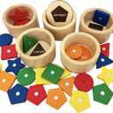 Dailyfunn Montessori Toy Wooden Sorting Cup&Fishing Game 2-in-1 Colors Shapes Sorting Matching Learning Toys for Toddlers 1-3 Year Old