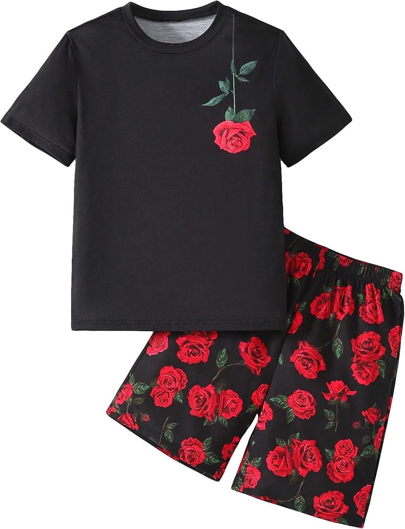 Boy's 2 Piece Outfits Floral Print Short Sleeve Crewneck T Shirt and Shorts Set Summer Outfits (12Y, Red and Black)